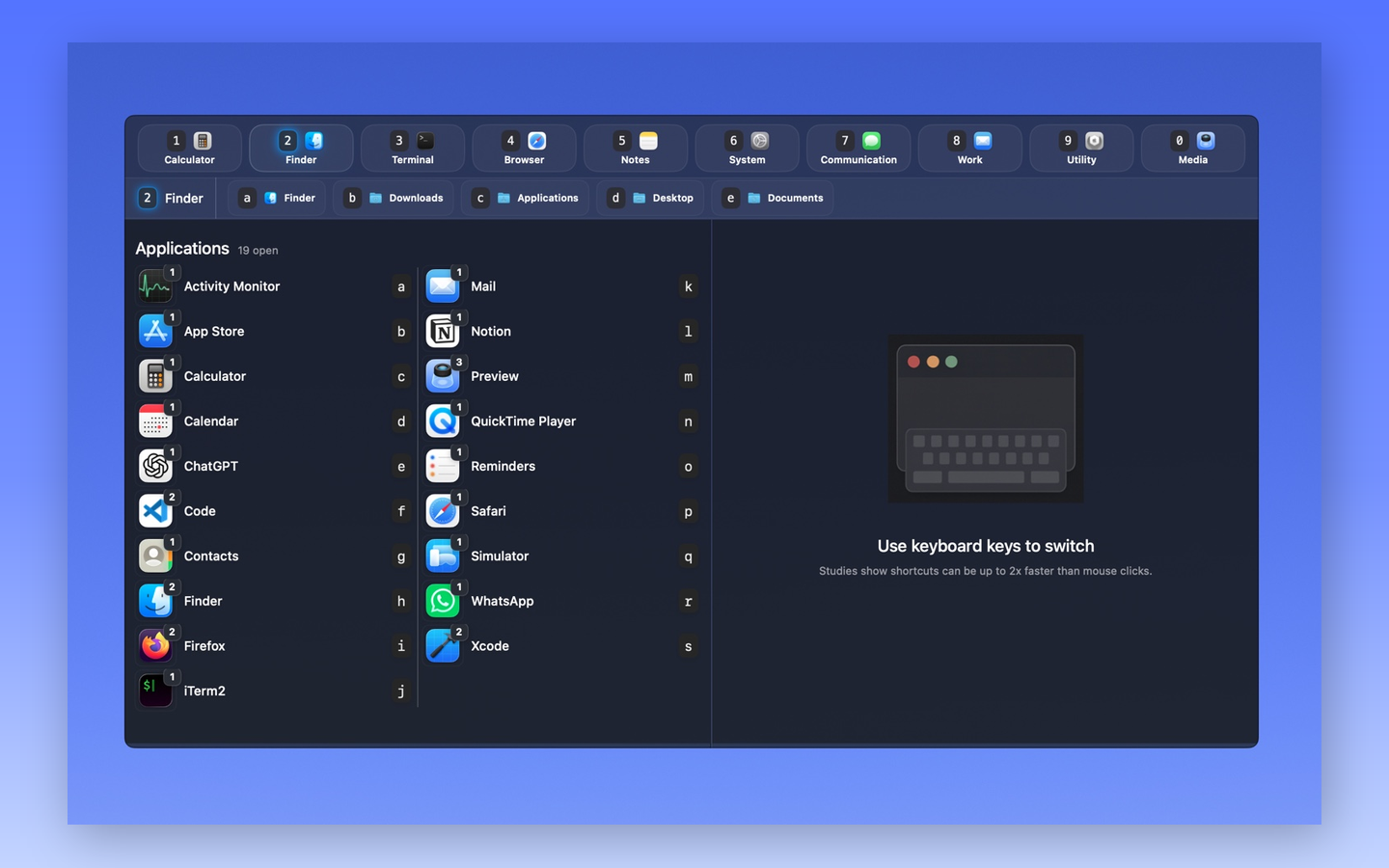 SwiftSwitch screenshot showing action-driven launcher usage