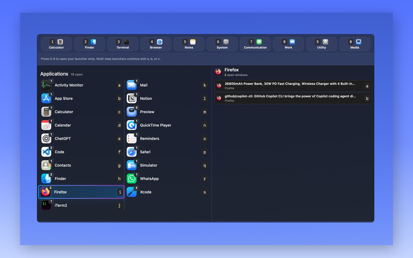 SwiftSwitch screenshot showing compact keyboard-first layout