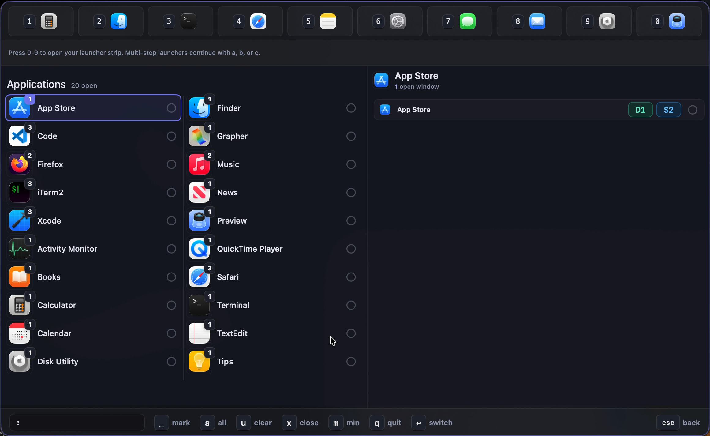 SwiftSwitch selection mode with marked windows and bulk actions