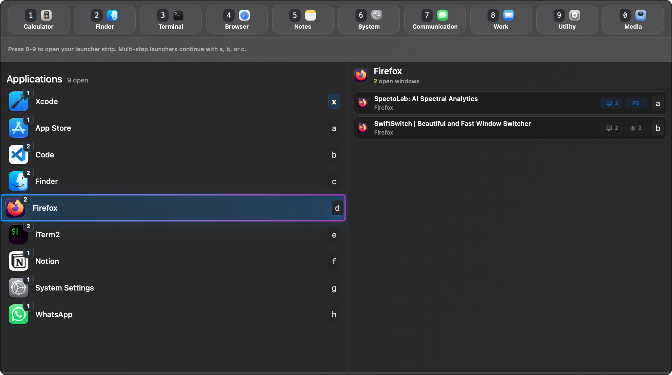SwiftSwitch Space Awareness badges showing display, desktop Space, and full-screen context